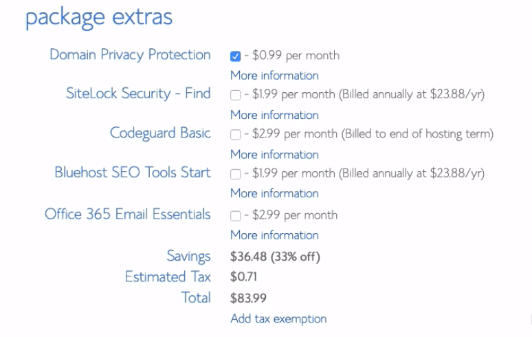 Bluehost Package Extras