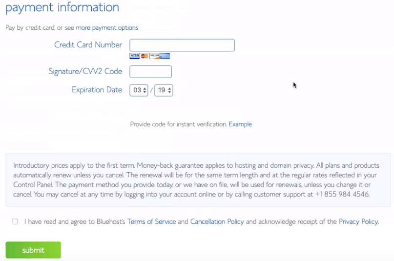 Bluehost Payment Information