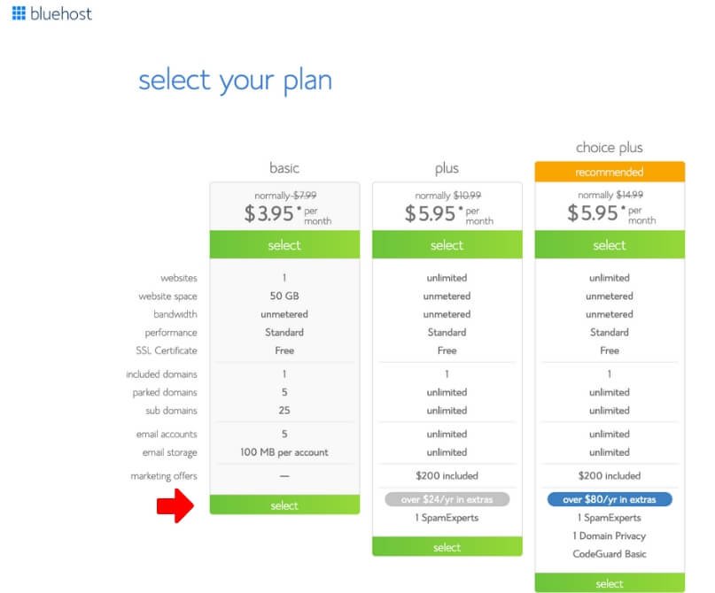 Bluehost Select a Plan