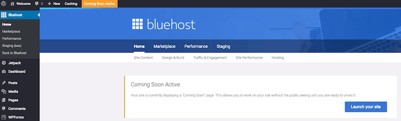 Bluehost WordPress Dashboard