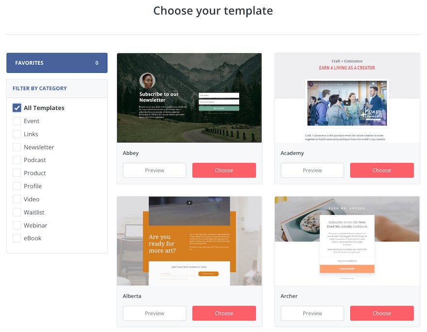 ConvertKit Landing Page Template Categories